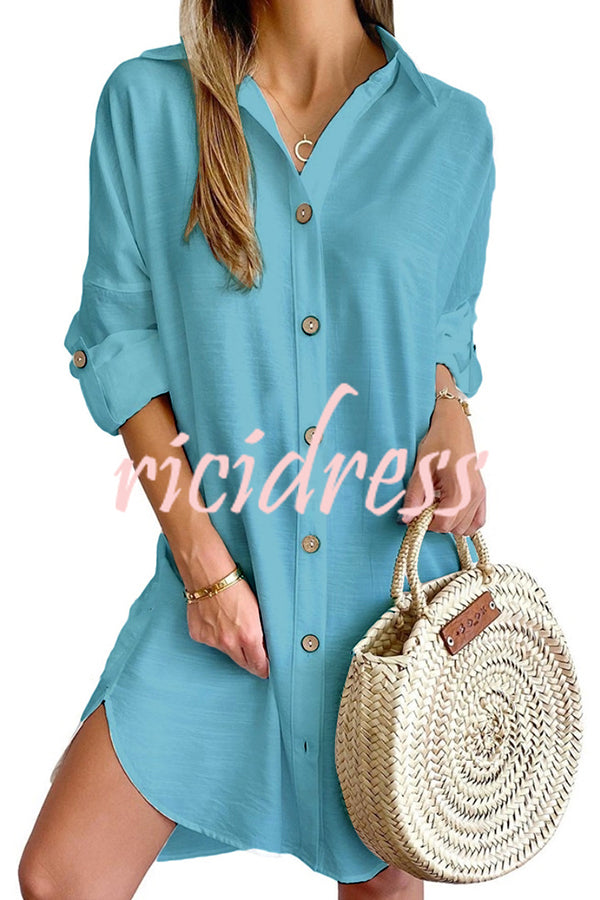 Solid Color Casual Button-Down Shirt Style Mini Dress