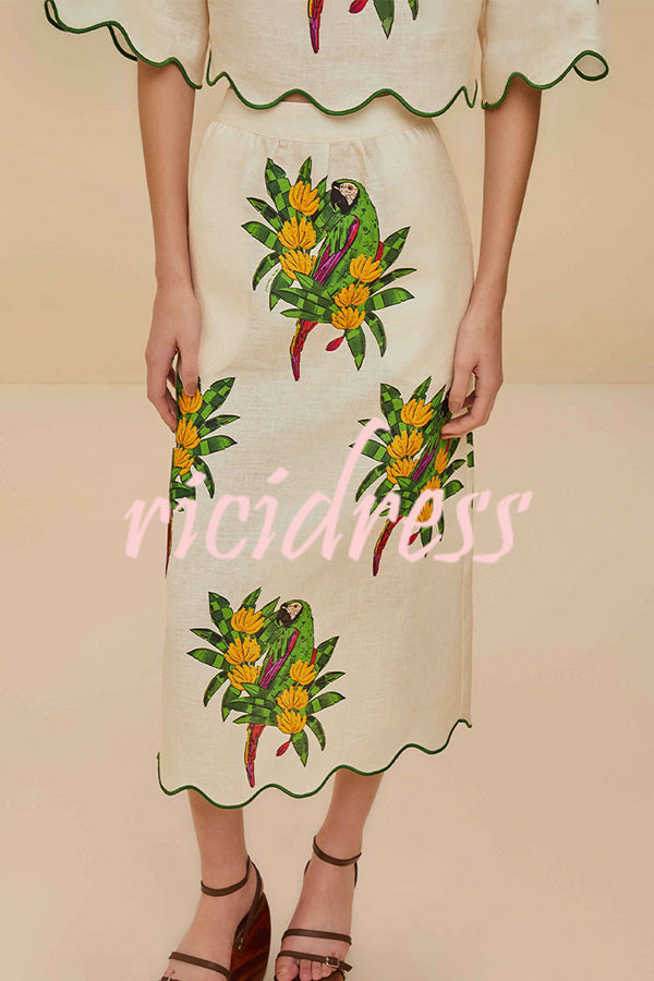 Parrot Print Round Neck Loose Crop Top and Elastic Waist Pocket Casual Midi Skirt Set