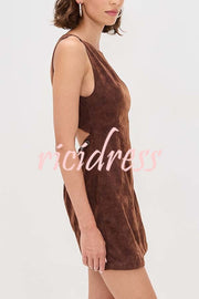 Atlas Faux Suede Open Back Button Accents Zipper Mini Dress
