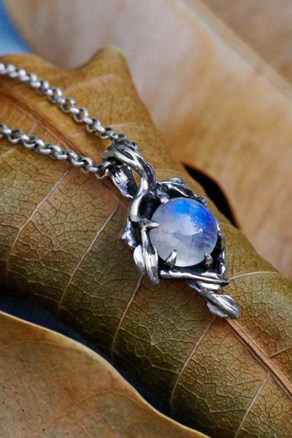 Vintage Rainbow Moonstone Glass Water Drop Pendant Necklace