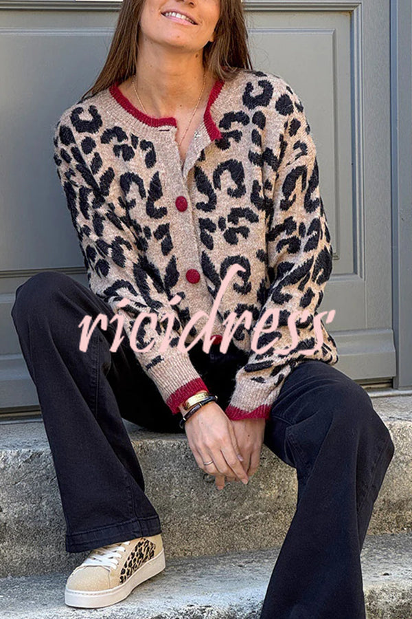 Leopard Print Crew Neck Long-sleeved Loose Knit Cardigan