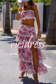 Dakota Floral Lace Trim Crop Tube Top and Layered Slit Maxi Skirt Set