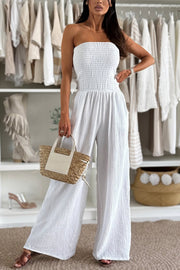 Linen Blend Solid Color Off-the-shoulder Pleated Casual Pocket Wide-leg Jumpsuit