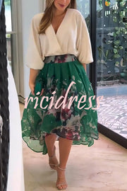 Tessy Batwing Sleeve Top and Floral Elastic Waist Pearls Detail High Low Midi Skirt Set