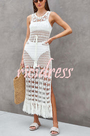 Sunset Cocktail Knit Crochet Tassel Trim Cover-up Maxi Dress