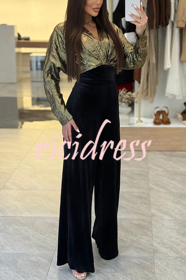 Caitlin Metallic Velvet Patchwork Long Batwing Sleeve Pocket Wide Leg Jumpsuit