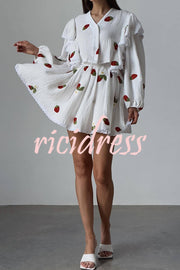 Ranier Cotton Linen Blend Strawberry Print Ruffle Blouse and Elastic Waist Mini Skirt Set