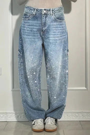 Fashionable Rhinestone Mid-rise Loose Pocket Straight Jeans