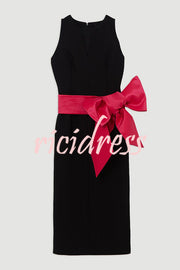 Clean Tailored Taffeta Contrast Oversized Bow Tie Waist Midi Dress