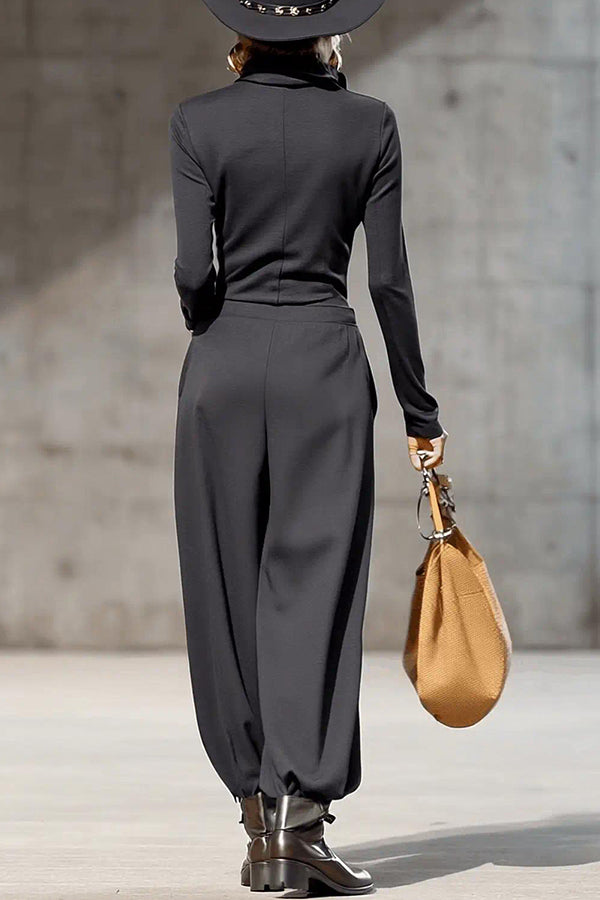 Solid Color Zip-up Long-sleeved Top and Casual Pocket Wide-leg Pants Set