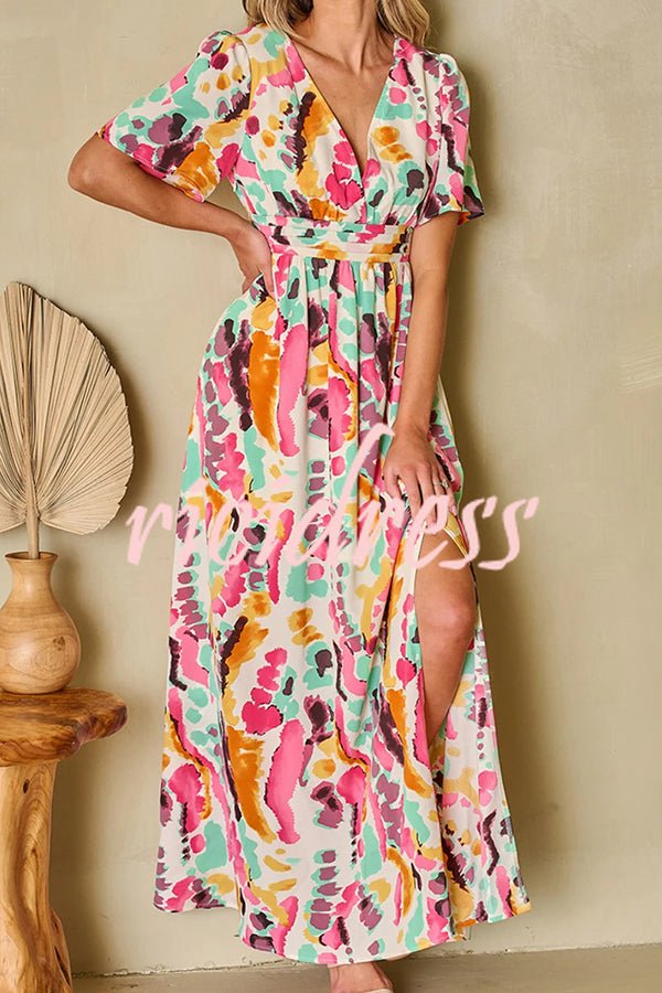 Colorful Printed Backless Lace Up Slit Maxi Dress
