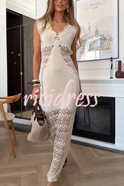 Solid Color Hollow Knitted V-neck Slim Fishtail Maxi Dress