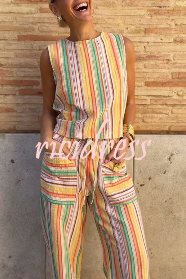 Tylah Linen Blend Colorful Striped Back Button Vest and Elastic Waist Pocket Loose Pants Set