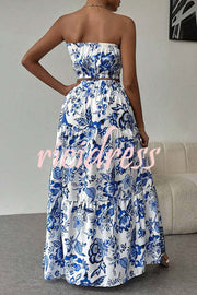 Floral Print Cutout Bandeau Top and Elastic Waist Full Maxi Skirt Set