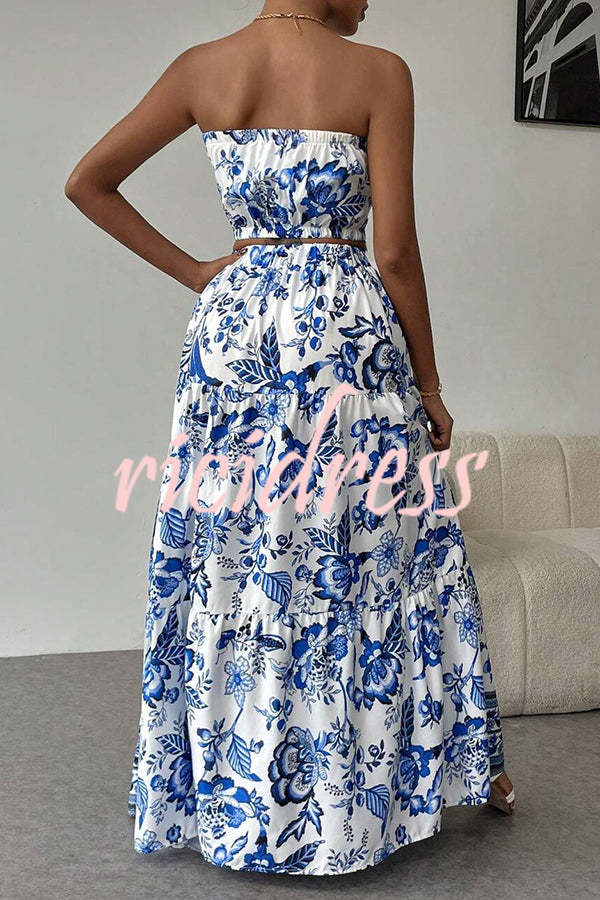 Floral Print Cutout Bandeau Top and Elastic Waist Full Maxi Skirt Set