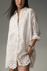 Solid Color Hollow Embroidery Casual Long Sleeve Loose Shirt