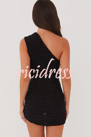 Solid Color Sexy One Shoulder Hollow Stitching Slim Fit Knitted Mini Dress