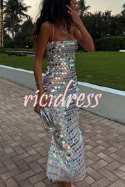 Sexy Sequined Halter-neck Backless Slim Fit Slit Midi Dress