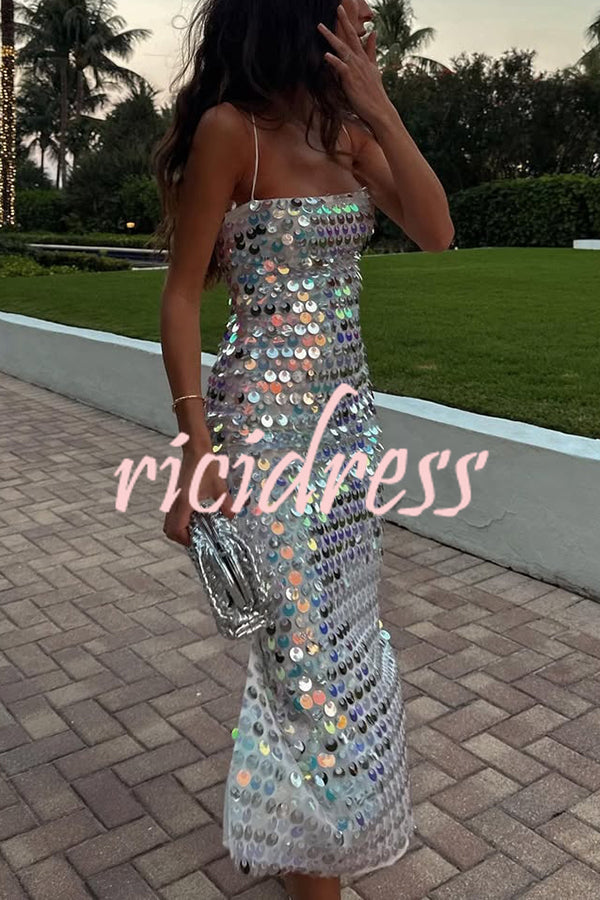 Sexy Sequined Halter-neck Backless Slim Fit Slit Midi Dress