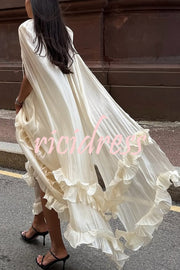 Fashionable V-neck Lace-up Ruffled Double-layer Hem Maxi Dress