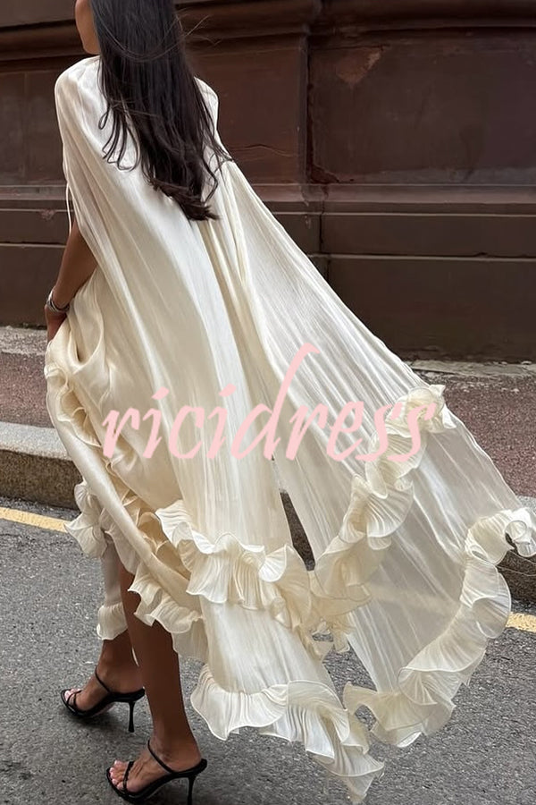 Fashionable V-neck Lace-up Ruffled Double-layer Hem Maxi Dress