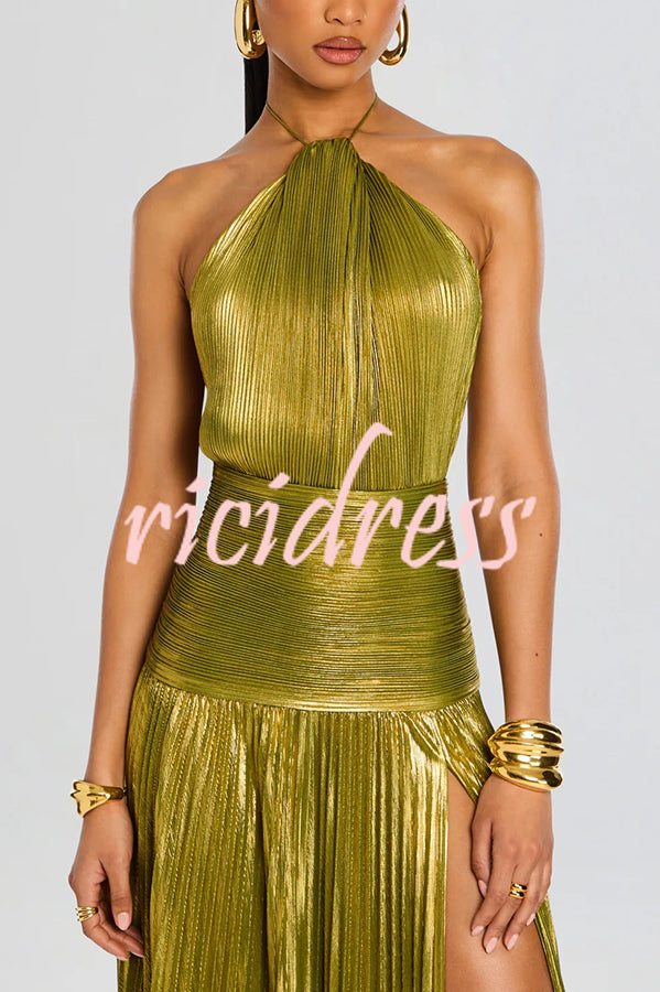 Glamorous Metallic Pleated Fabric Open Back Halter Slit Maxi Dress