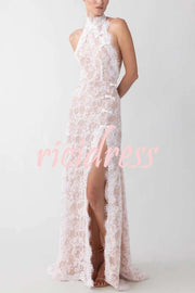 Cheongsam Style Lace Mandarin Halter Neck Backless Slit Maxi Dress