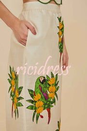 Parrot Print Round Neck Loose Crop Top and Elastic Waist Pocket Casual Midi Skirt Set