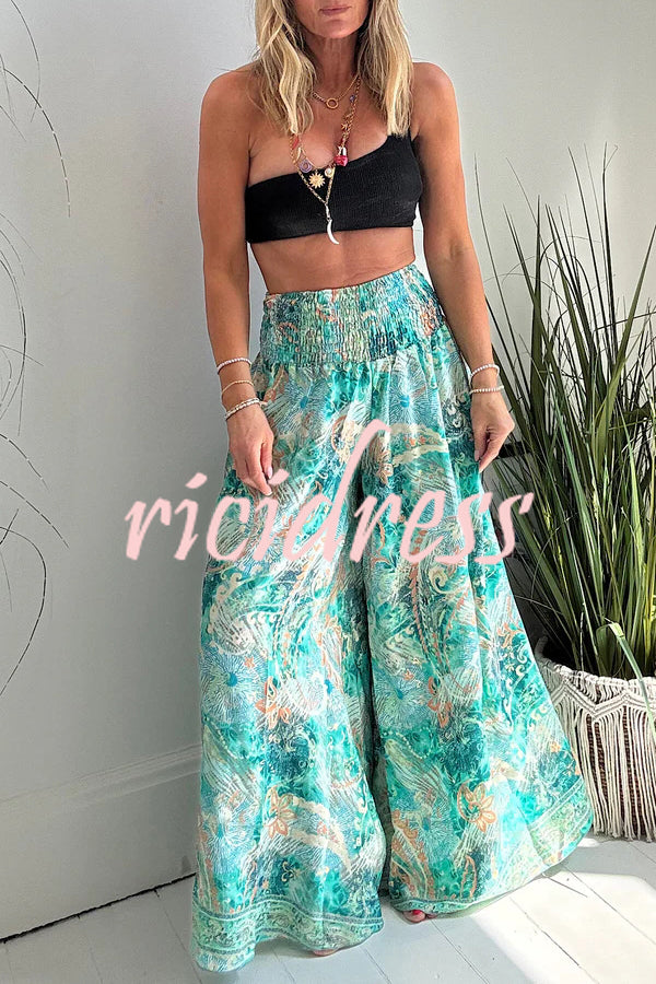 Stella Leopard Print High Rise Smocked Waist Pocketed Wide Leg Pants