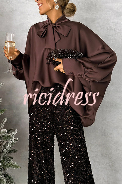 Chic and Merry Satin Bow Neck Batwing Sleeve Loose-fitting Blouse