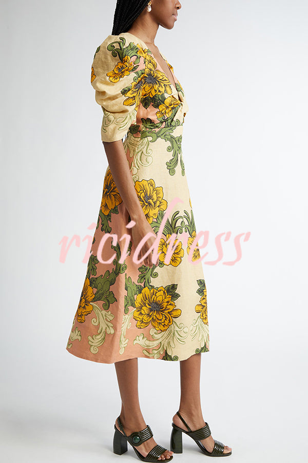 Flower Vine Linen Blend Unique Print Twist Cutout Neck Puff Sleeve Midi Dress