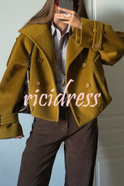 Ellie Epaulettes Stand Neck Double-Breasted Pocket Cropped Loose Woolen Coat