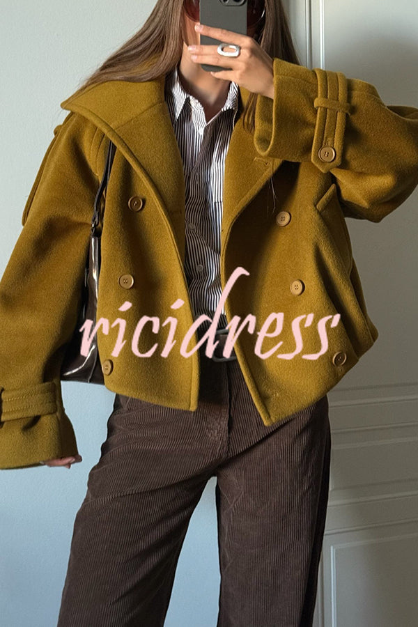 Ellie Epaulettes Stand Neck Double-Breasted Pocket Cropped Loose Woolen Coat
