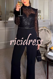 Aerie Sequin Embellished Mock Neck Long Sleeve Feather Cuff Flare Jumpsuit