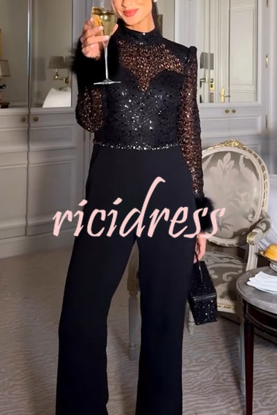 Aerie Sequin Embellished Mock Neck Long Sleeve Feather Cuff Flare Jumpsuit