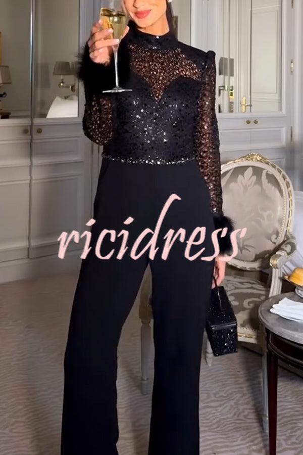 Aerie Sequin Embellished Mock Neck Long Sleeve Feather Cuff Flare Jumpsuit