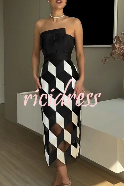 Sexy Tube Top and Backless Rhombus Contrast Midi Dress