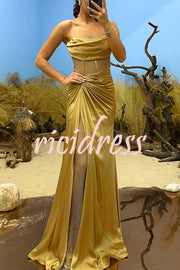 Essie Satin Rhinestone Patchwork Twist Waist Strapless Slit Maxi Dress