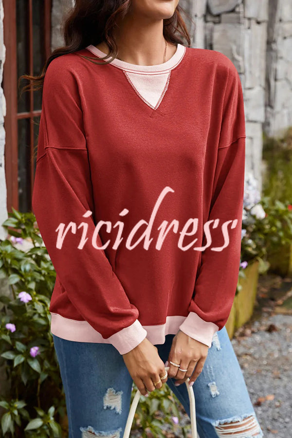 Fashionable Contrasting Color Loose Long-sleeved Casual Sweatshirt