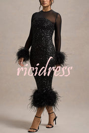 Glamor and Drama Mesh Sequin Patchwork Feather Trim Stretch Midi Dress