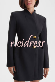Kayleen Stand V-neck Decorative Metal Button Long Sleeve Pocket Blazer Mini Dress