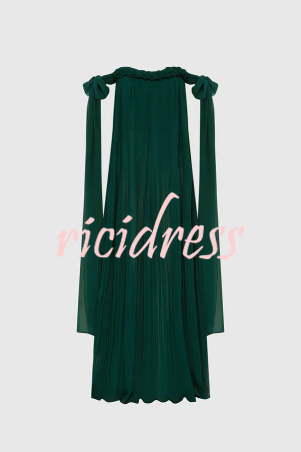 Fairy Spirit Tulle Braided Neckline Tie Arm Straps Pleated Maxi Dress