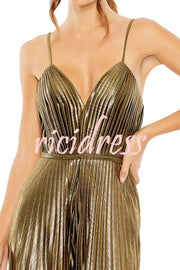 Disco Fashion Metallic Fabric Pleated Pocket Slip Wide Leg Jumpsuit