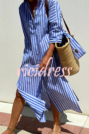 Summer Splendor Printed Button Half Sleeve Belt Loose Shirt Midi Dress