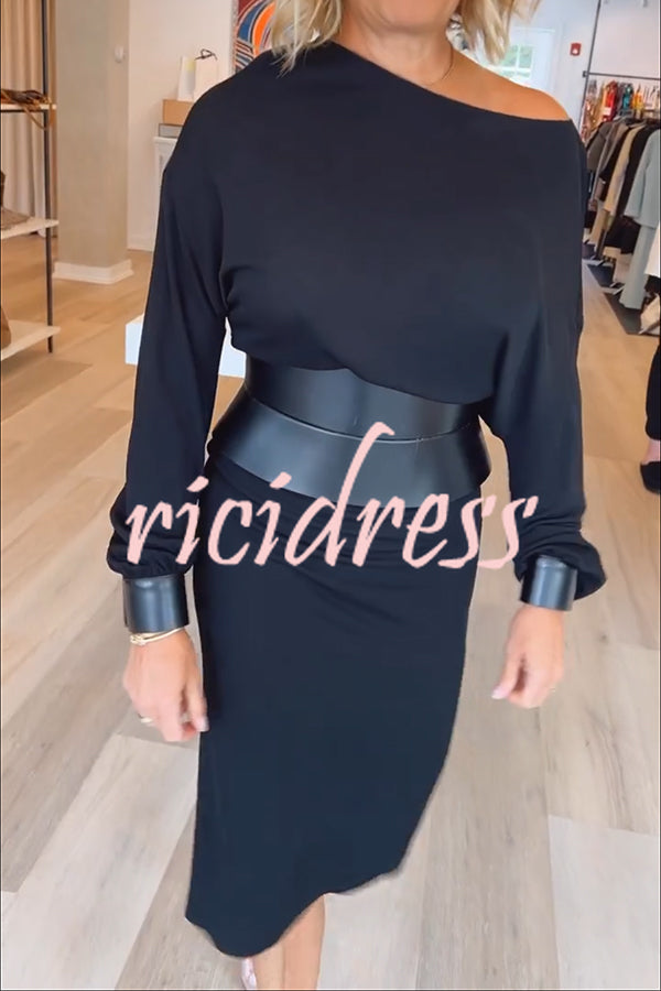 Winston Faux Leather Patchwork Wide Belt Design One Shoulder Stretch Midi Dress