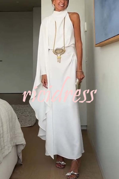 Exquisite Moment High Cowl Neck Irregular Draped Single Sleeve Maxi Dress