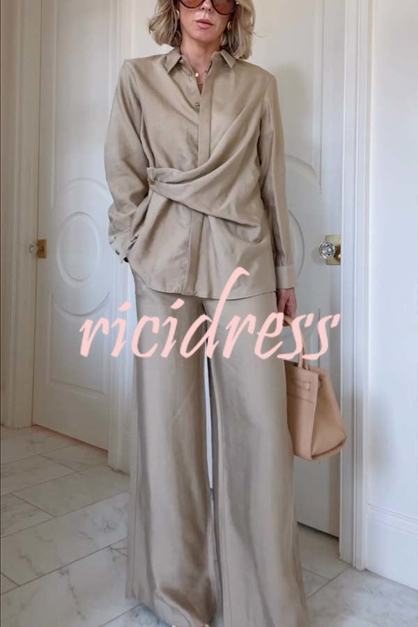 Juliette Cross-front Button Up Long Sleeve Shirt and Elastic Waist Pocket Loose Pants Set