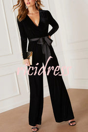 Love One Another Velvet Bow Belted Pocket Cutout Back Loose Jumpsuit