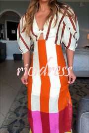 Kaya Linen Blend Color Block Print Front Cutout Knot Puff Sleeve Maxi Dress
