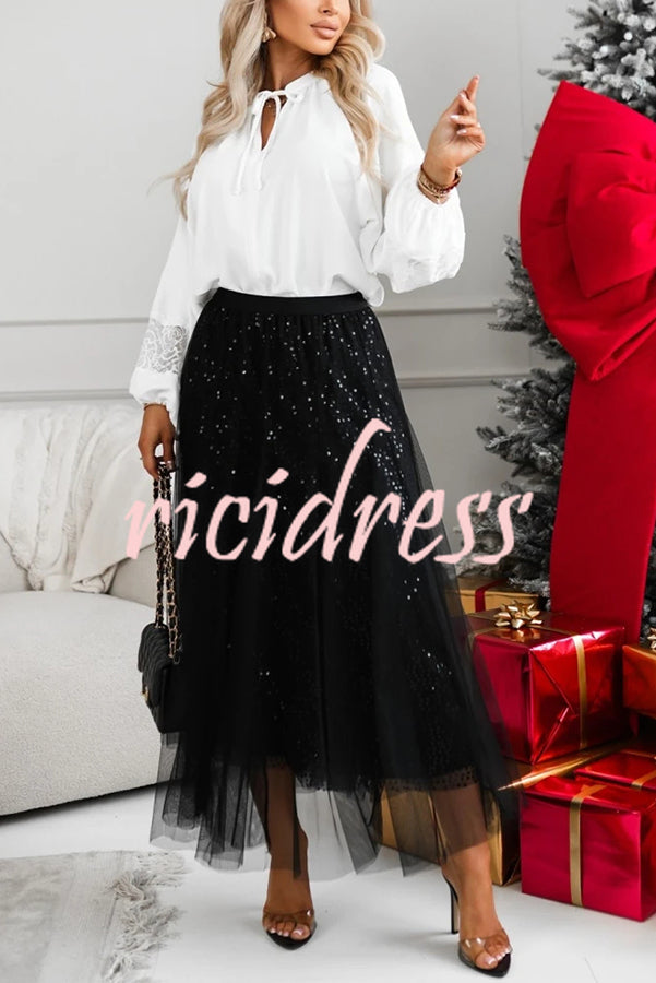 Party Daydream Sequin Tulle High Rise Elastic Waist Maxi Skirt